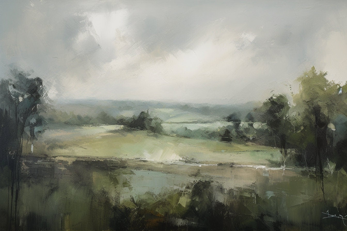 Misty Forest Landscape Painting in Muted Greens | Digital Print | Fine Art | Custom | CCC