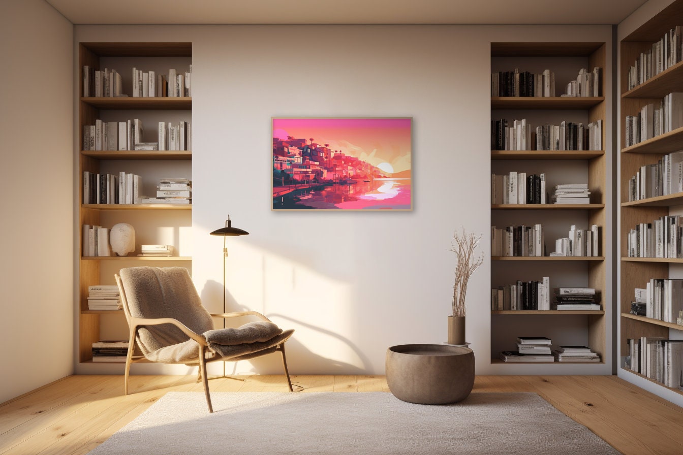 Pop Art Island Scene - Santorini Sunset at the Horizon | Digital Canvas | Download | Painting | Wall Art