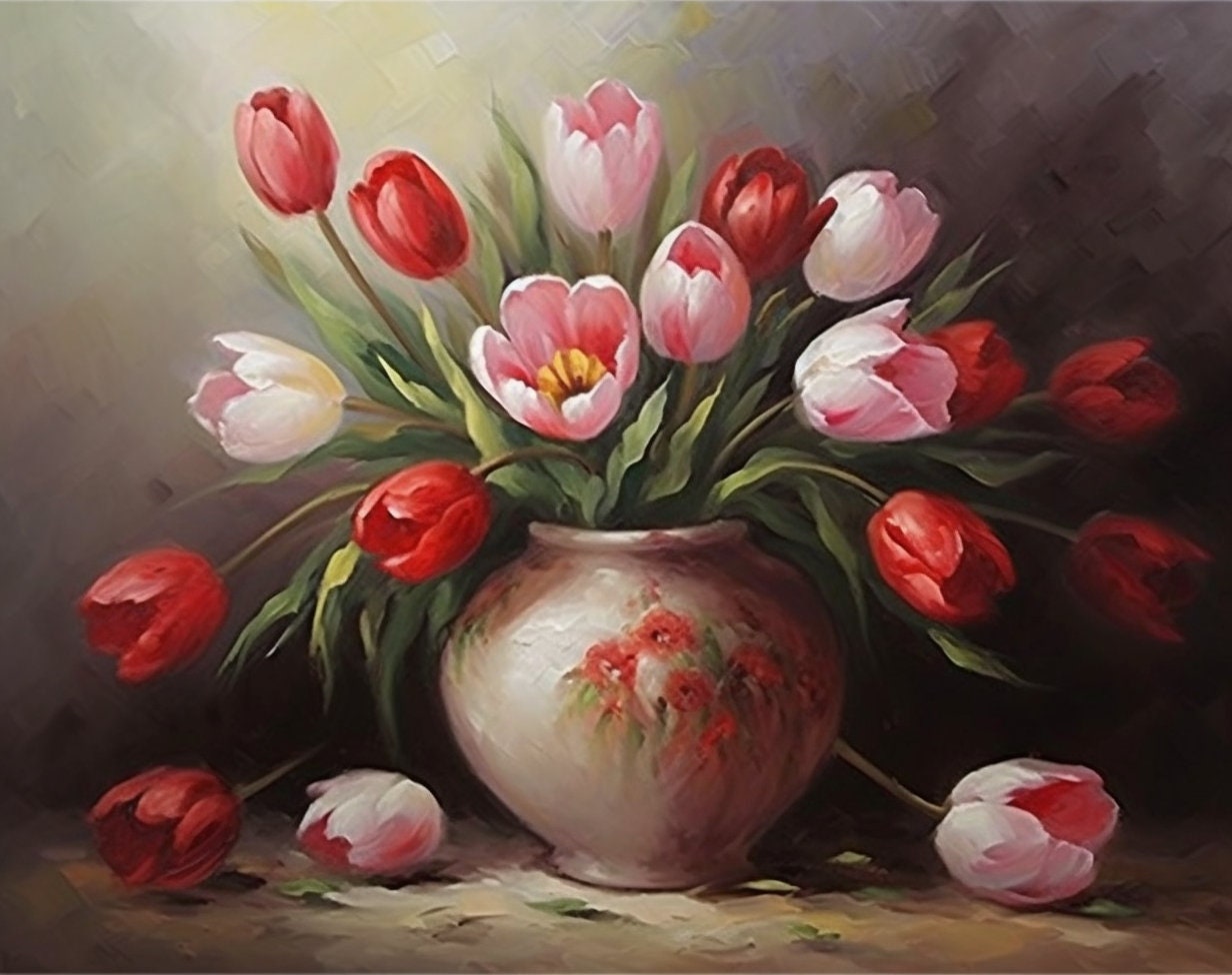 Elegant Tulip Still Life Painting on Canvas | An Oil Painting of Tulip Flowers in a Vase