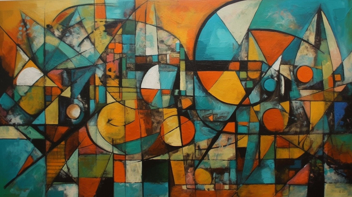 Eye-catching Di Cavalcanti Styled Original Art: Geometric Shapes with Orange, Blue, and Green