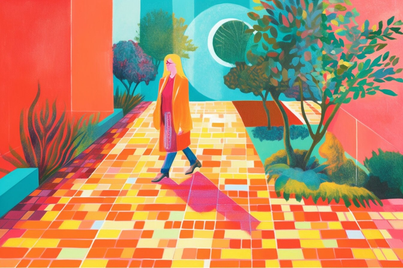 Vibrant Futurism: A Ieva Baklane Styled Girl Walking by the Pool | Wall Art | Canvas Painting | Modern Artwork