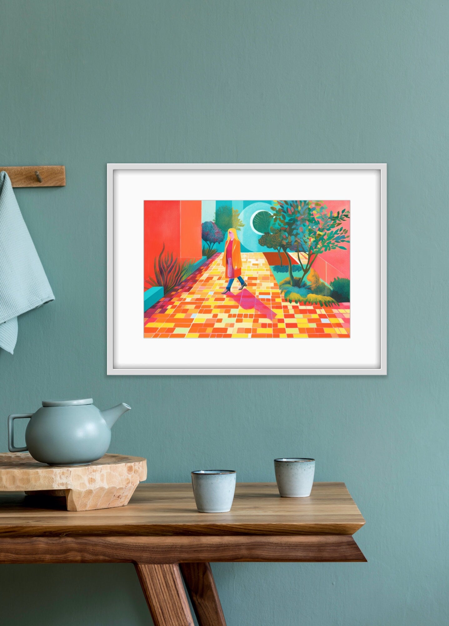 Vibrant Futurism: A Ieva Baklane Styled Girl Walking by the Pool | Wall Art | Canvas Painting | Modern Artwork