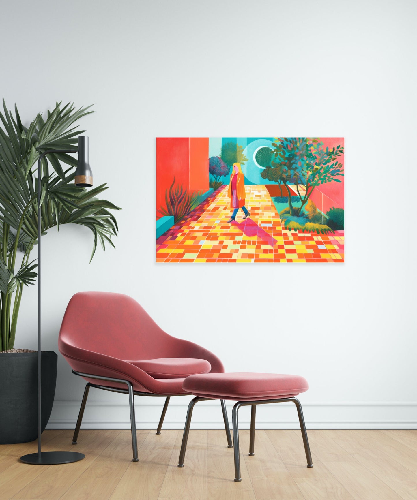 Vibrant Futurism: A Ieva Baklane Styled Girl Walking by the Pool | Wall Art | Canvas Painting | Modern Artwork