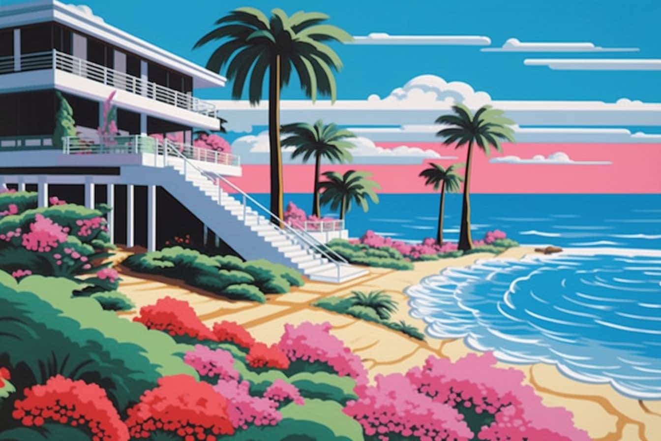 Hiroshi Nagai Inspired 'The Beach House' Canvas Print in Sky-Blue and Magenta | Canvas Print | Digital Download Available | Modern Art