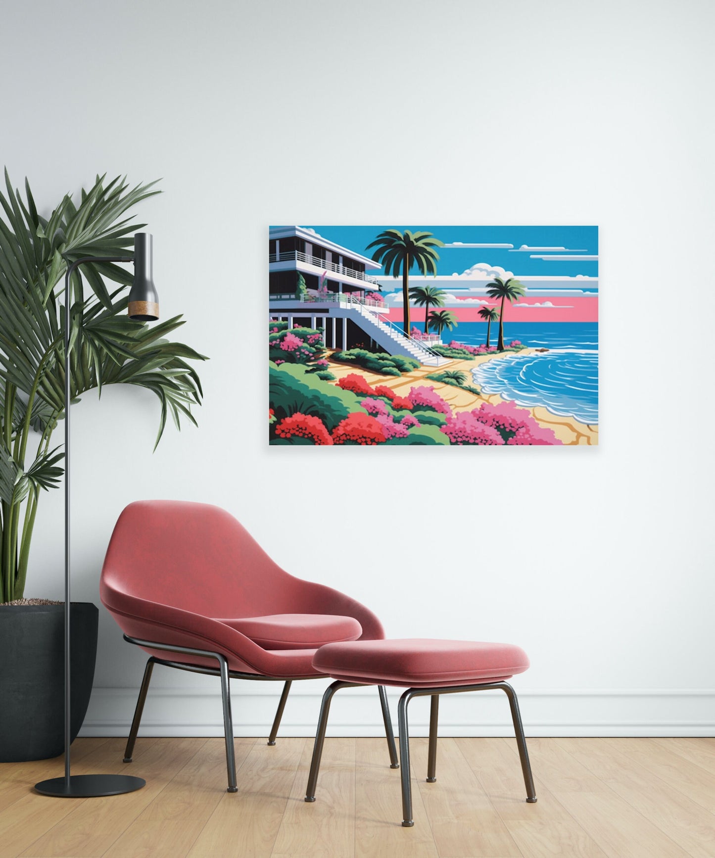 Hiroshi Nagai Inspired 'The Beach House' Canvas Print in Sky-Blue and Magenta | Canvas Print | Digital Download Available | Modern Art