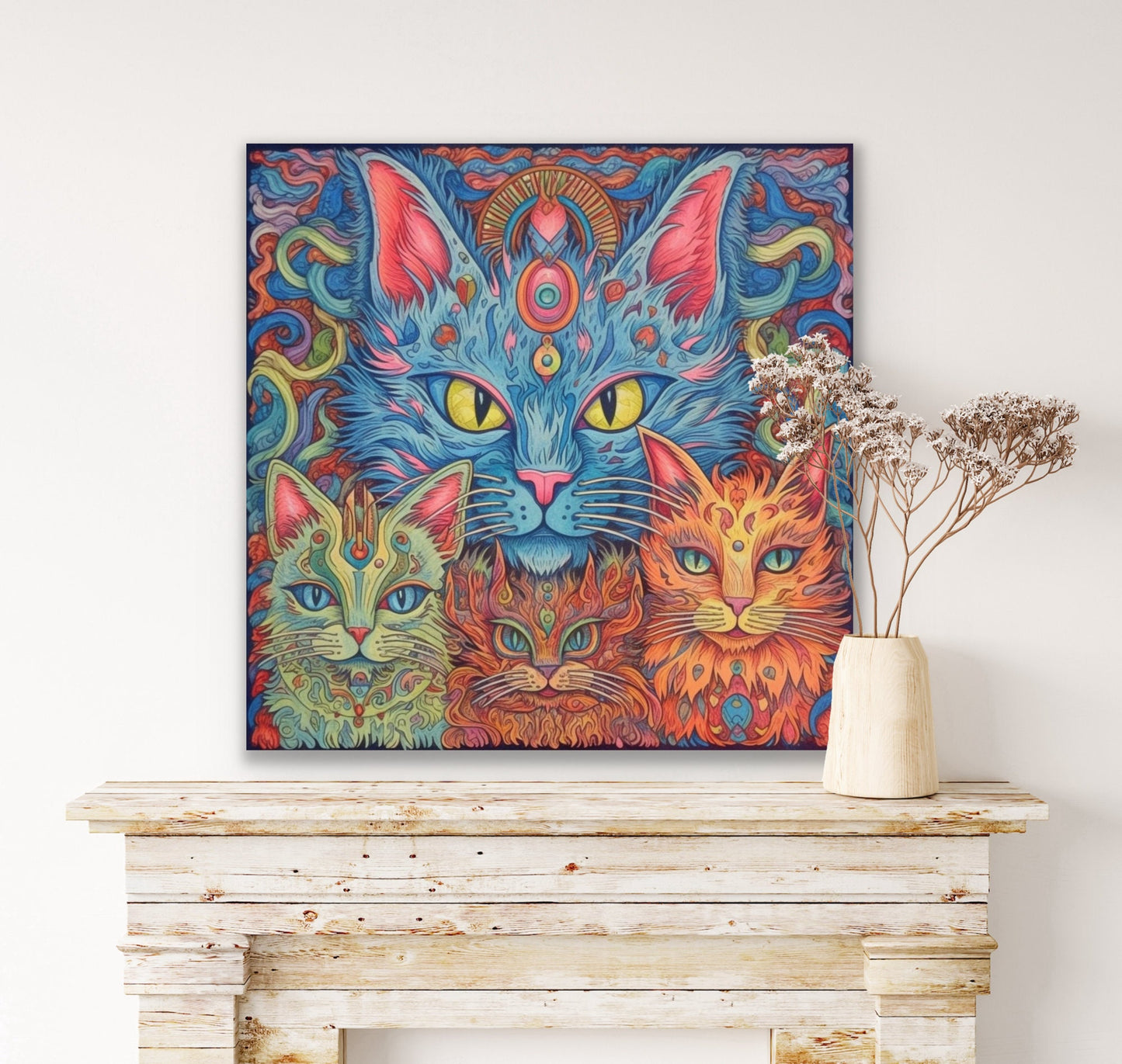 Louis Wain Inspired Symmetrical Cat Print on Canvas | Electric & Eclectic | Download Digital Art | Kittens and Cats in Psychedelic Colors