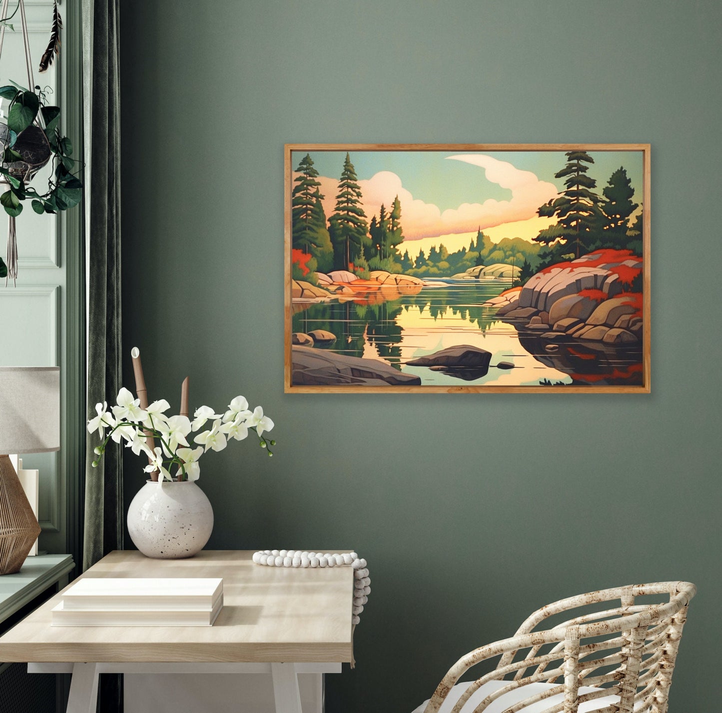 Tranquility at the Lakeside: A Captivating Painting in the Style of AJ Casson | Digital Wall Art | Download Print | Custom Canvas