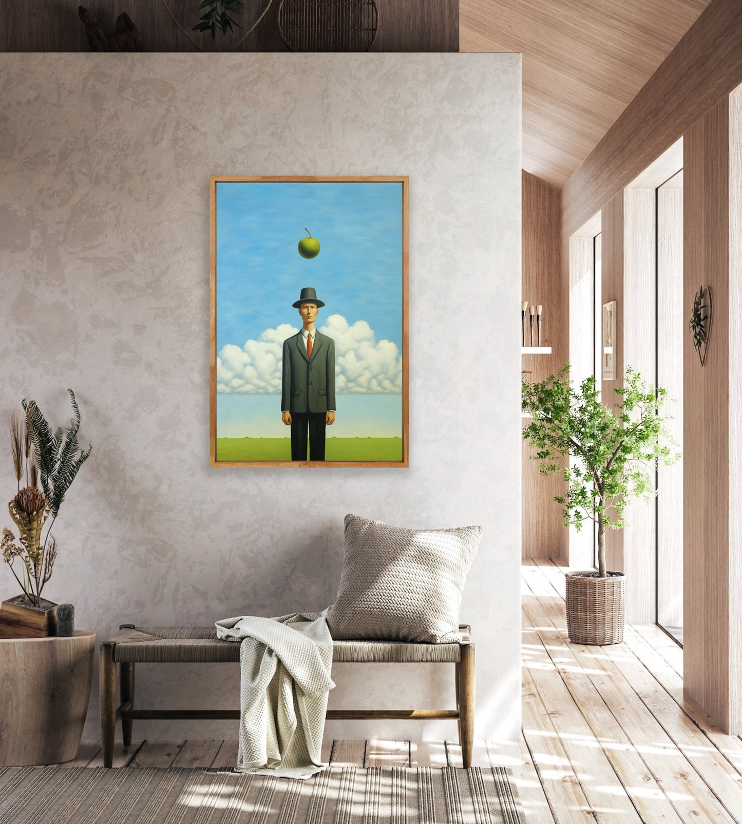 The Enigmatic Businessman: A Tribute to Rene Magritte | Post Modern | Green Apple | Download Digital Art | Canvas Print