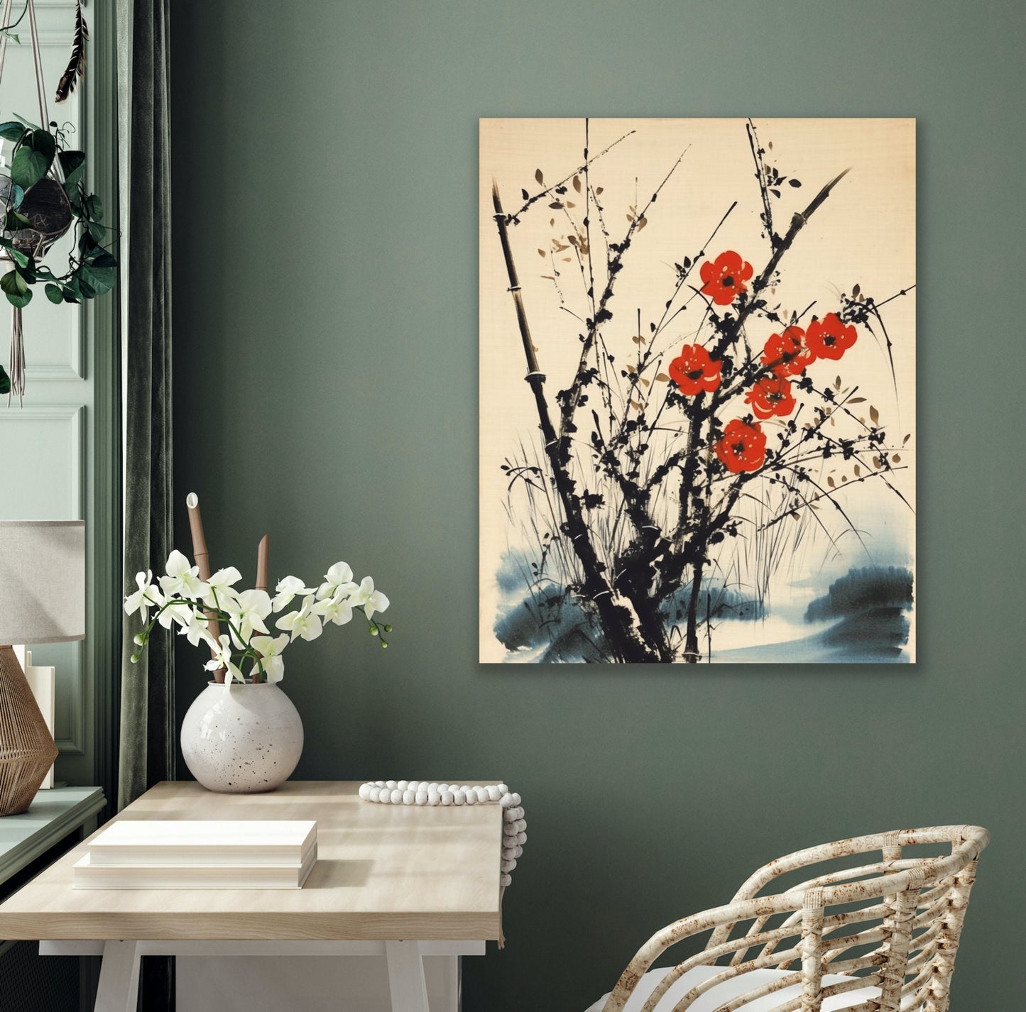 Qi Baishi inspired Bamboo and red flowers - A Traditional Design | Blossoms | Download Digital | Black Ink | Oriental Art | Asian Artwork