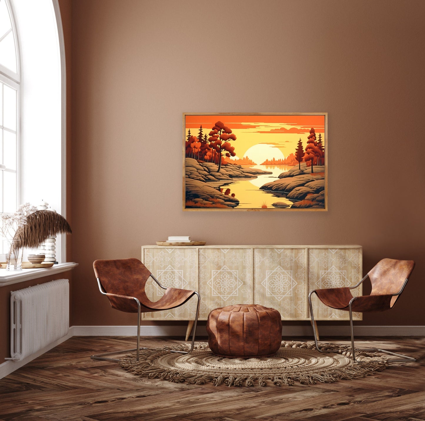 Original Artwork in the Style of AJ Casson: Serene Sunset Over the River | Digital Wall Art | Download Print | Custom Canvas
