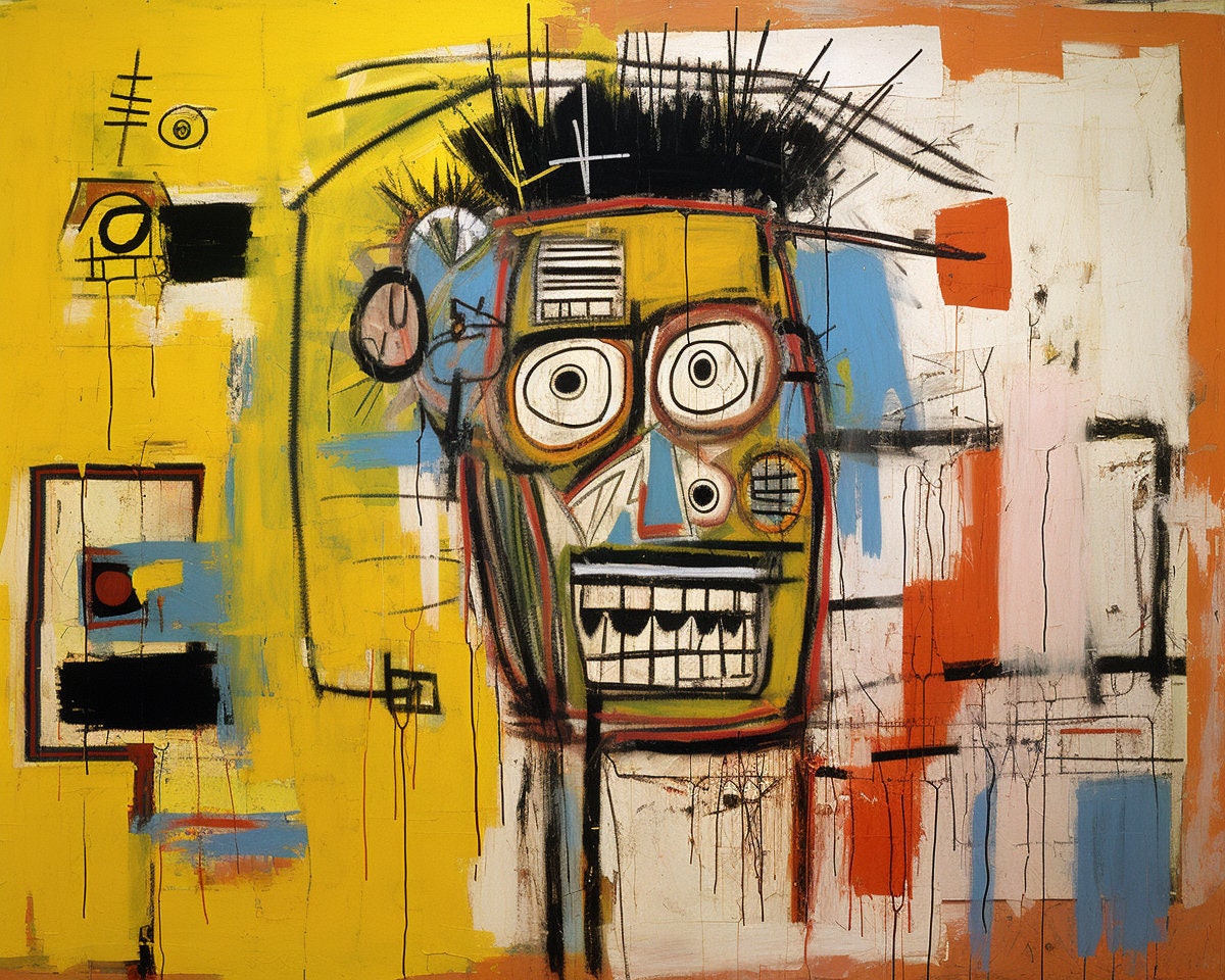 Jean-Michel Basquiat Inspired Yellow-Toned Abstract Portrait: A Custom Canvas Artwork | Modern Grunge Graffiti Painting