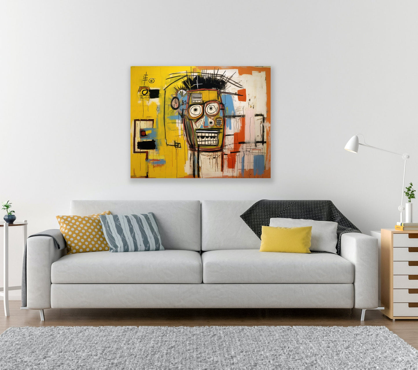 Jean-Michel Basquiat Inspired Yellow-Toned Abstract Portrait: A Custom Canvas Artwork | Modern Grunge Graffiti Painting
