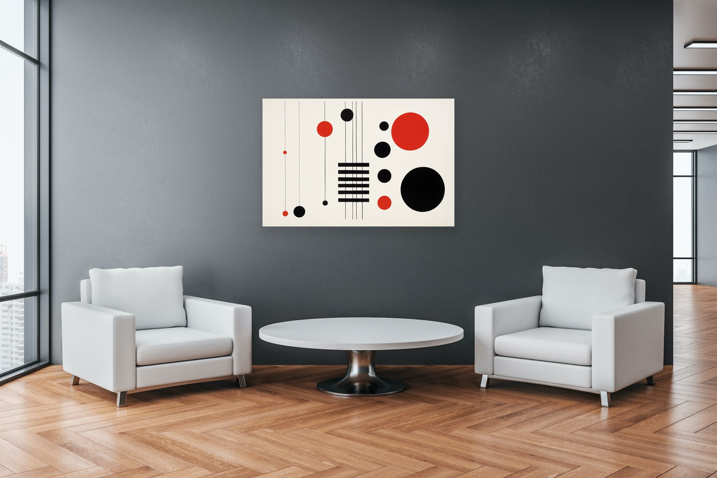 Red and Black Minimalist Circle Art: Modern Home Decor Inspired by Paul Rand’s Style on Canvas Print and Digital Work
