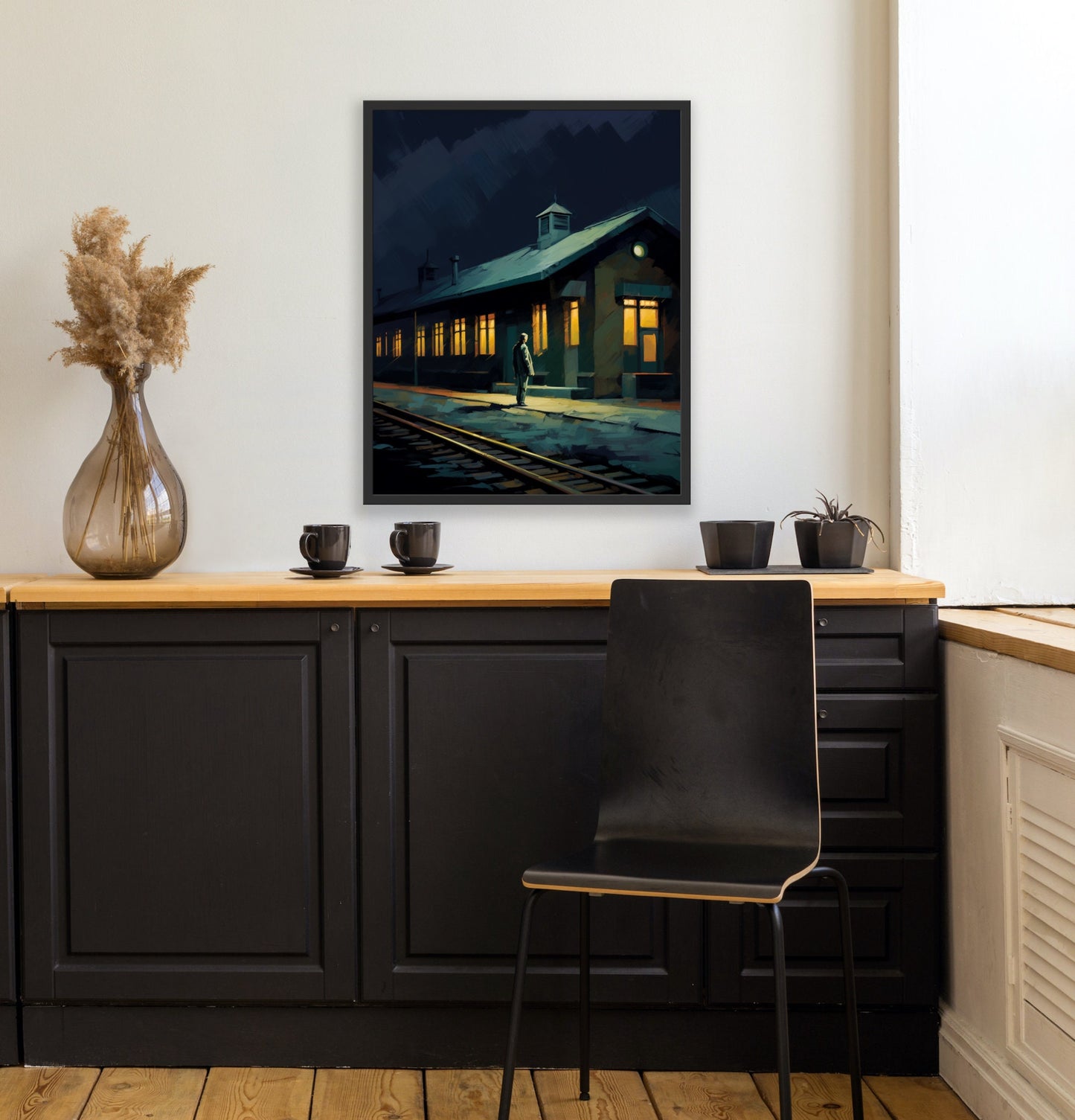 Modern Edward Hopper Inspired, Night Depot. Canvas Print: Poignant Single Person at Train Station Wall Art | Custom Canvas