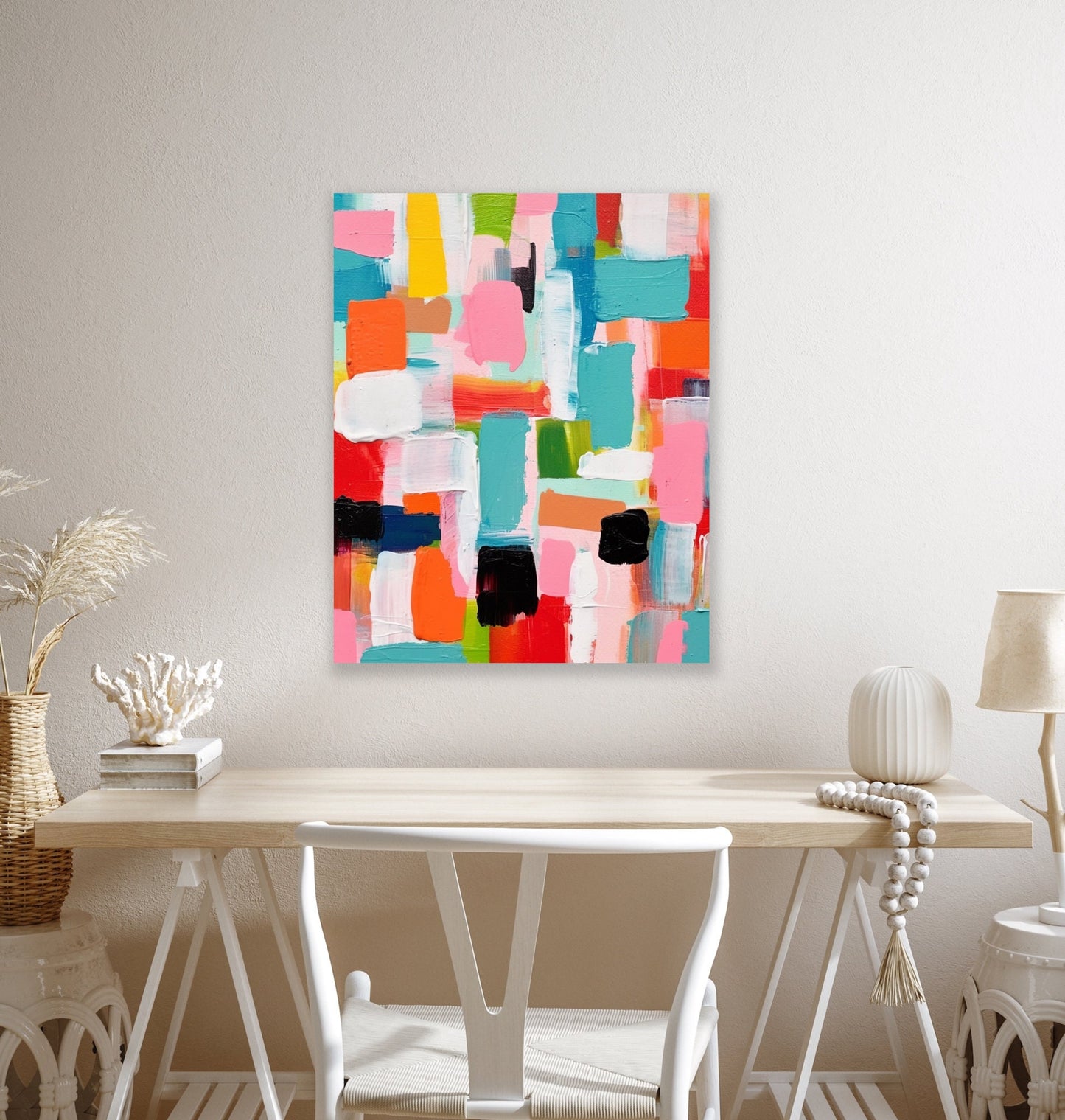 Mary Heilmann style, Pink Squares Abstract Geometric Pattern, Colorful Canvas Print, Modern Wall Art Decor