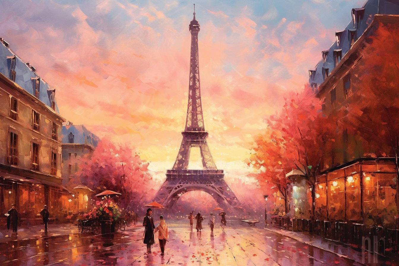 Capturing the Essence of Autumn: An Evening Sunset at the Eiffel Tower Inspired by Thomas Kinkade