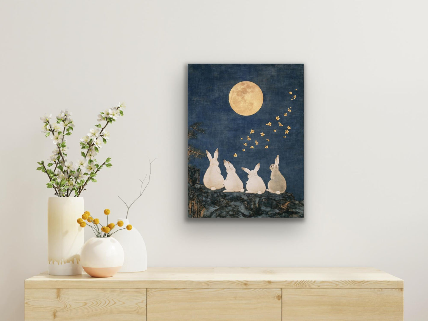 Charming Song Dynasty Gongbi Style Canvas Print of Small Rabbits Under Full Moon | Modern Blue & Gold Artwork | Custom Digital Download