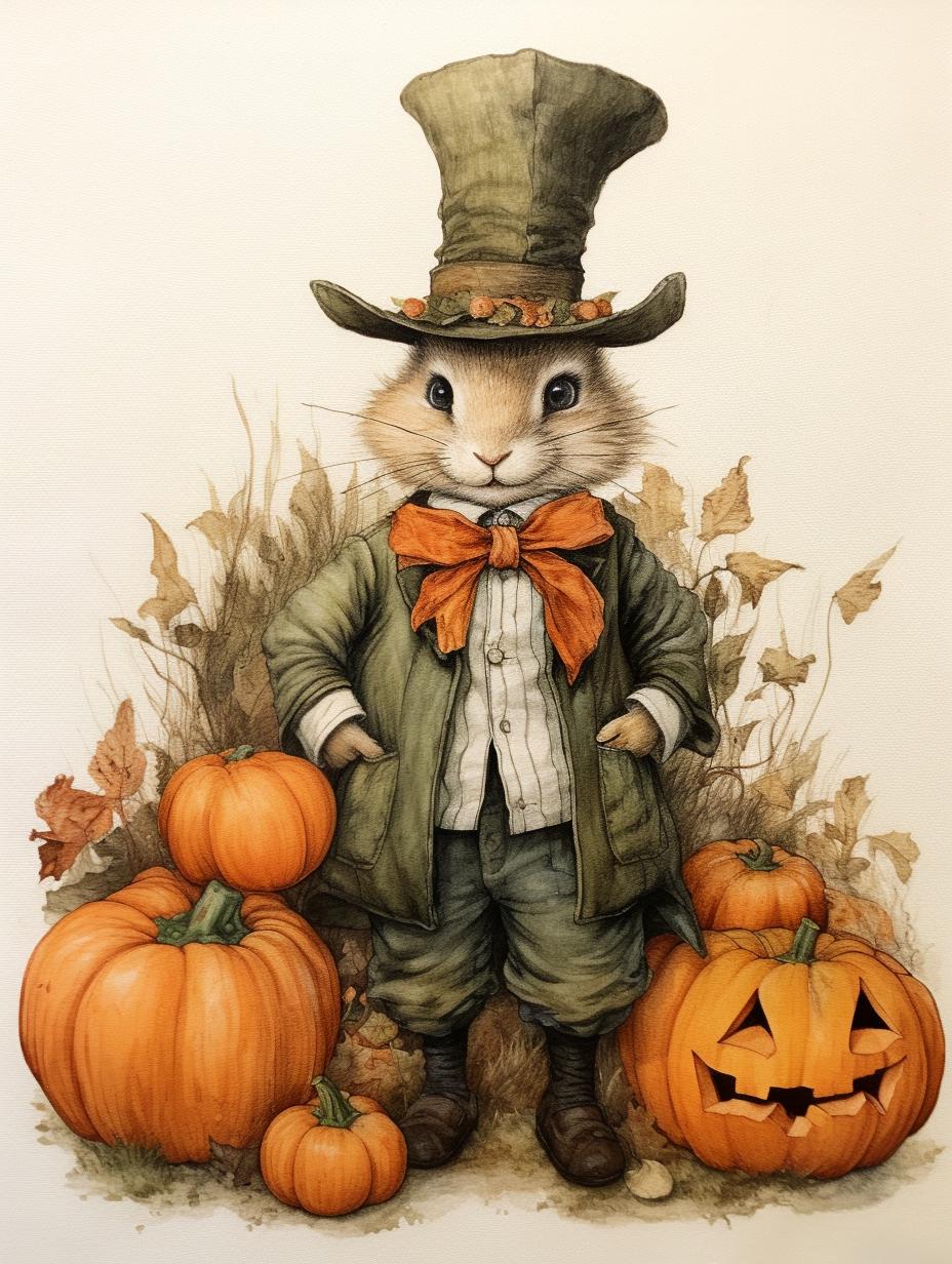 Charming Beatrix Potter Peter Rabbit Watercolor Art Print | Fall Halloween Decor | Custom Canvas & Digital Downloads | Pumpkin Theme