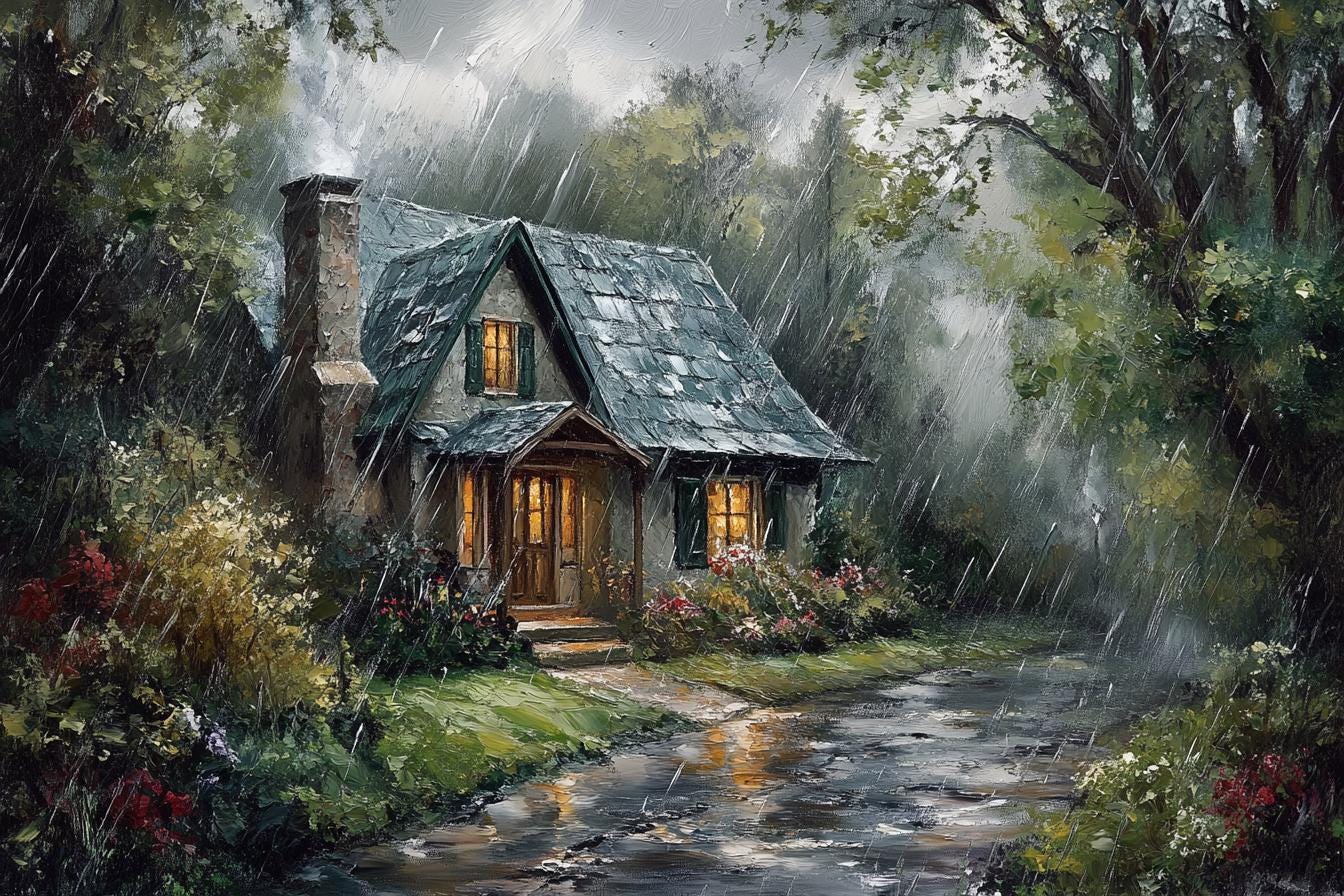 Embracing Serenity: The Allure of 'Cozy Cabin, Rain' Inspired by Thomas Kinkade