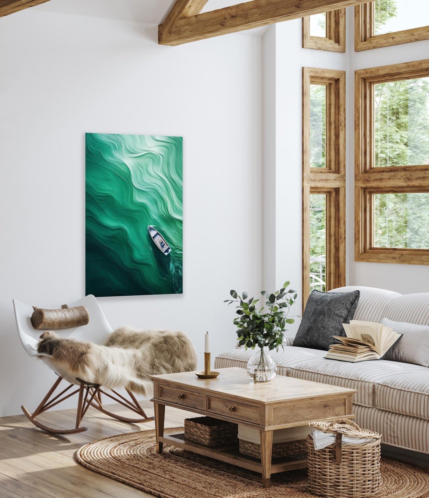 Breathtaking Emerald Ocean Aerial View Art Print | Custom Canvas Wall Art | Single White Boat Décor | Vibrant Home Décor | Digital Download