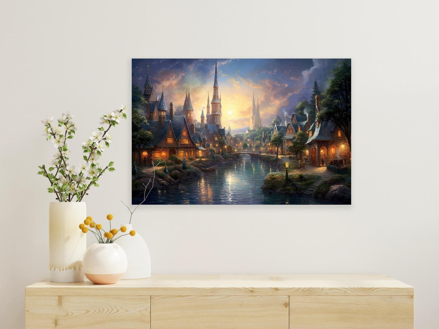 Glowing Painter of Light Village on River with Fantasy Castle | Thomas Kinkade Inspired Artwork | Digital Download Home Decor