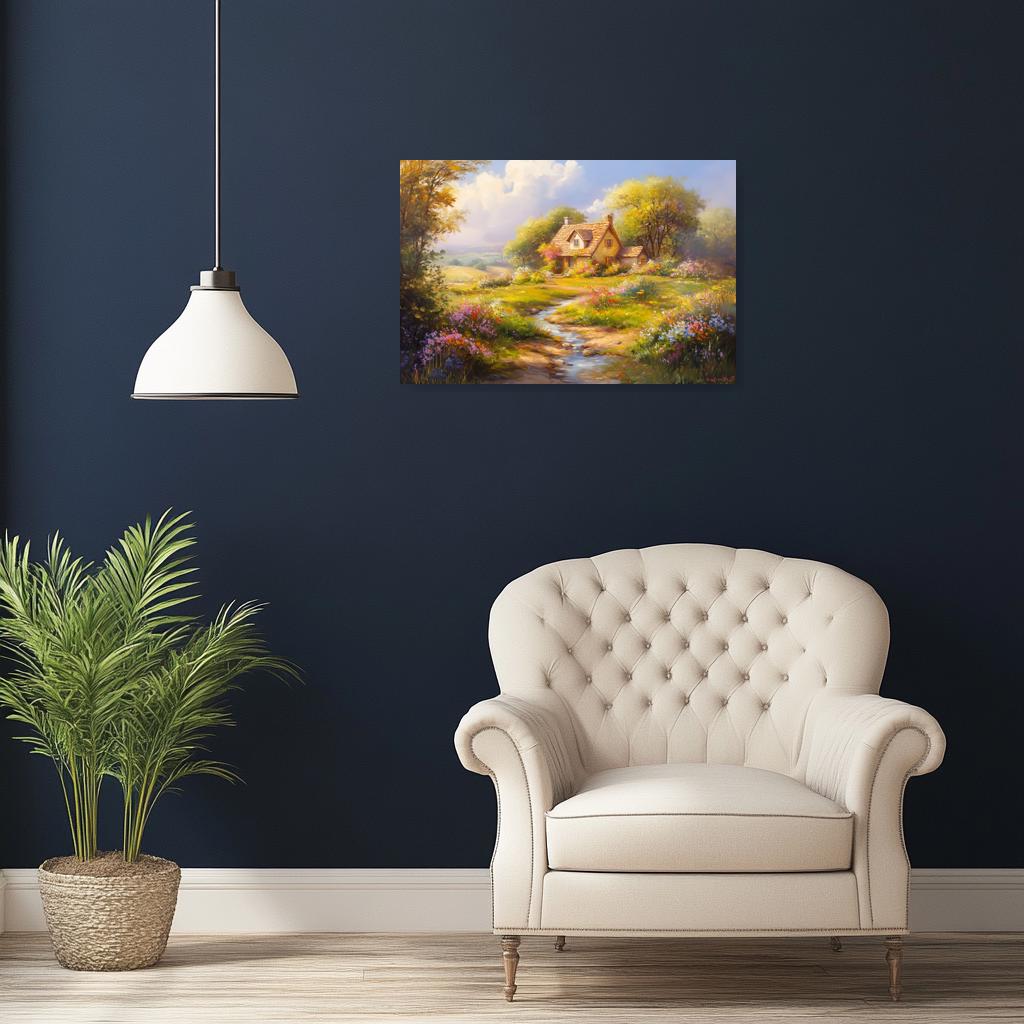 Idyllic Impressionist Cottage Canvas Print with Colorful Flowers - Beautiful Home Decor and Digital Download