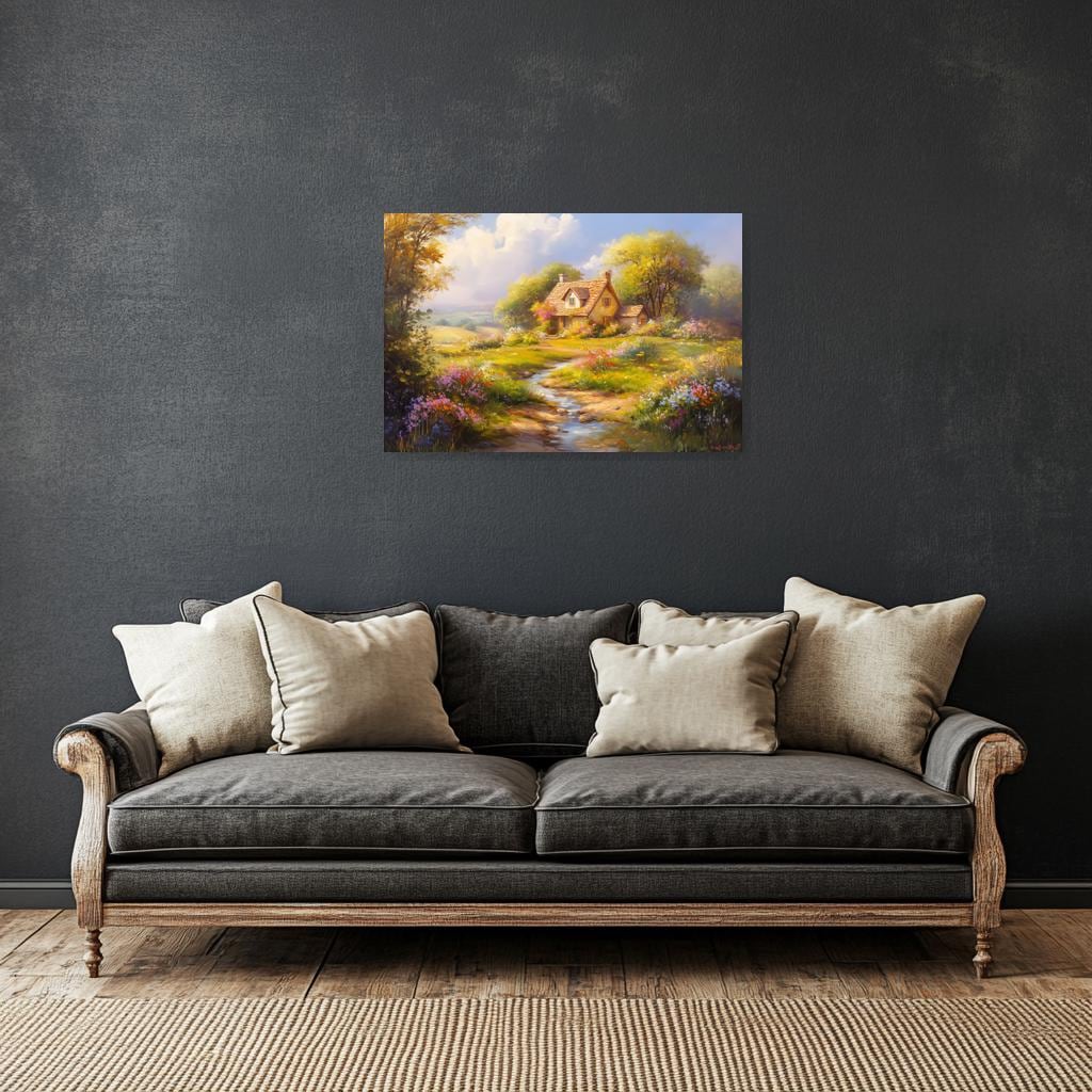 Idyllic Impressionist Cottage Canvas Print with Colorful Flowers - Beautiful Home Decor and Digital Download