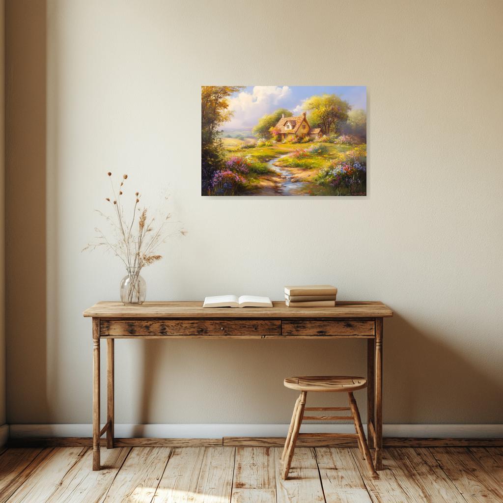 Idyllic Impressionist Cottage Canvas Print with Colorful Flowers - Beautiful Home Decor and Digital Download
