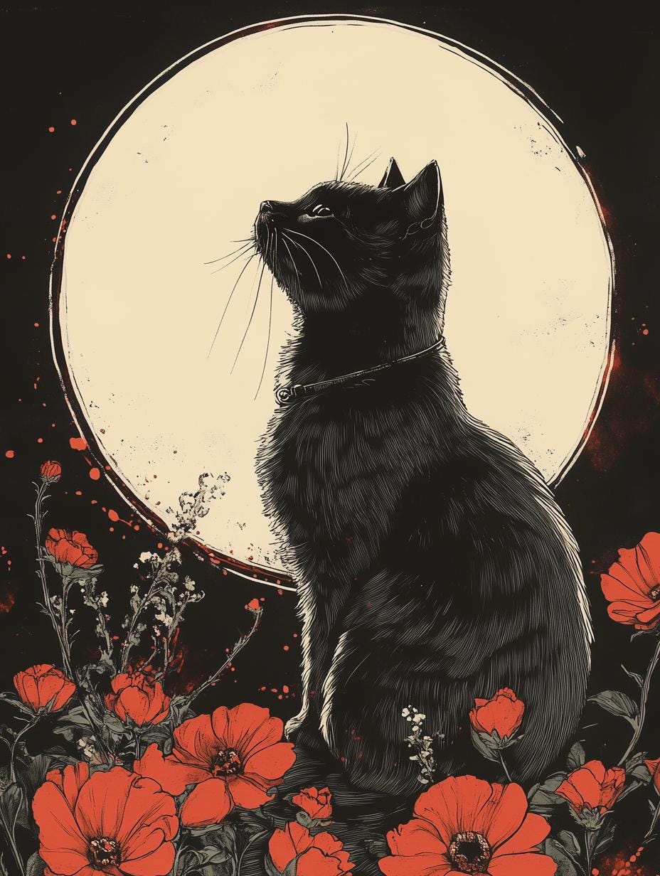 Black Cat and Red Flowers Canvas Print Moonlight Wall Art Custom Digital Download Home Decor Inspired by Nature Artistry