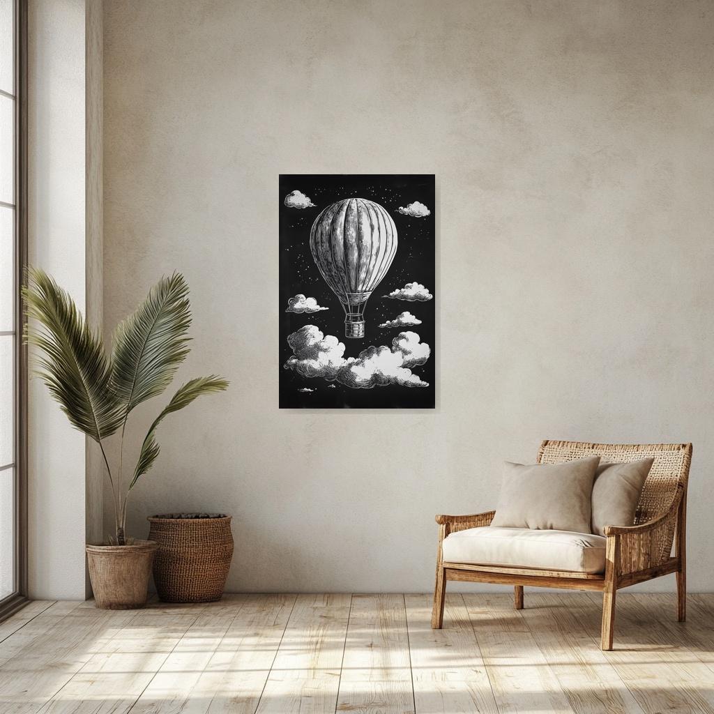 Airy Hot Air Balloon Print Vintage Style Canvas Wall Art Home Decor Black and White Digital Download