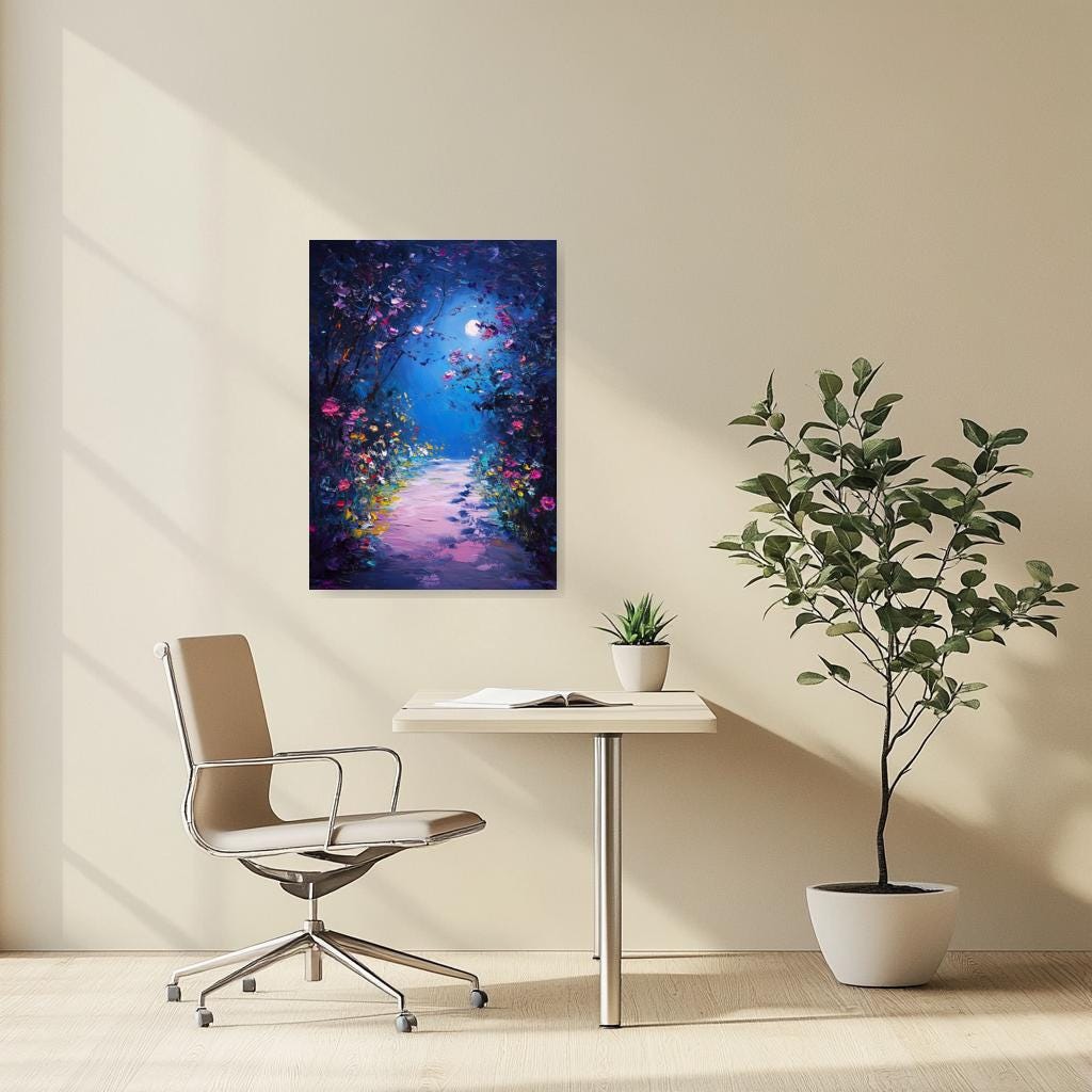 Moonlit Floral Pathway Canvas Print Inspired by Van Gogh's Impressionism - Vibrant Wall Art for Home Decor