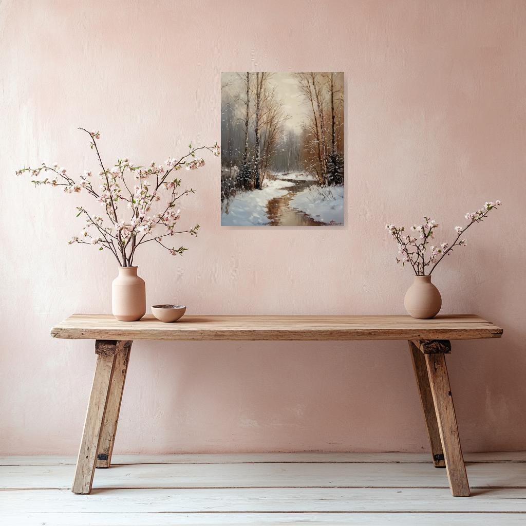 Winter Landscape Canvas Print Inspired by Bob Ross with Soft Pastels Snowy Scene Home Decor Wall Art Digital Download