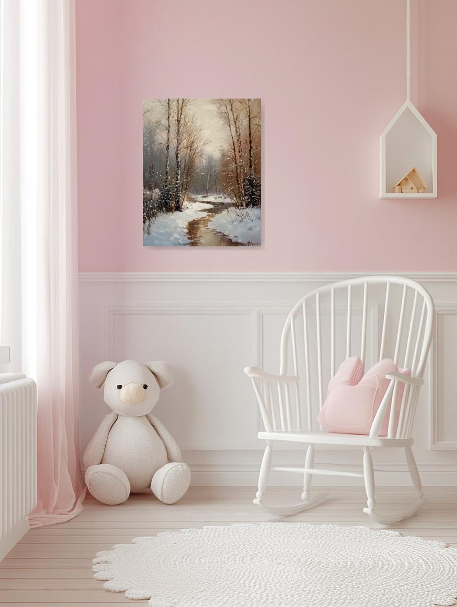 Winter Landscape Canvas Print Inspired by Bob Ross with Soft Pastels Snowy Scene Home Decor Wall Art Digital Download