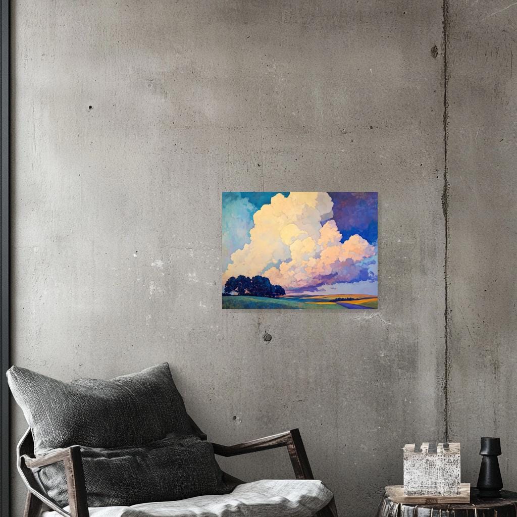 Custom Canvas Print Inspired by Thomas Hart Benton's Sky Landscape Art with Vibrant Clouds and Rich Colors for Home Decor