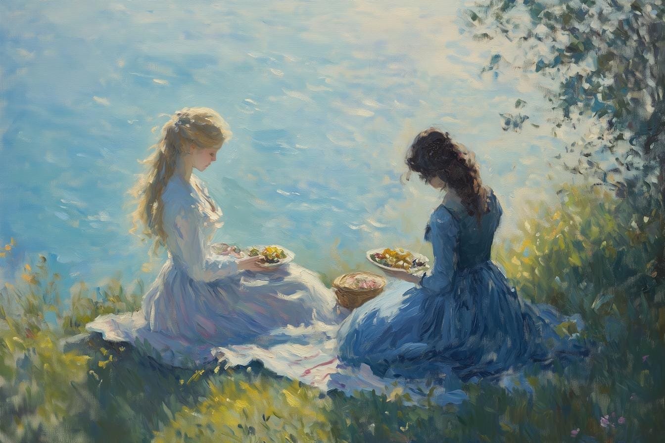 Custom Canvas Print of Two Ladies by the Water in Impressionist Style Inspired by Claude Monet for Home Decor