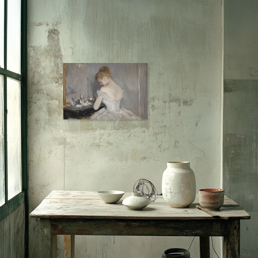 Elegant Canvas Print of a Woman in White Dress Inspired by Impressionist Artist Berthe Morisot for Wall Art Home Decor