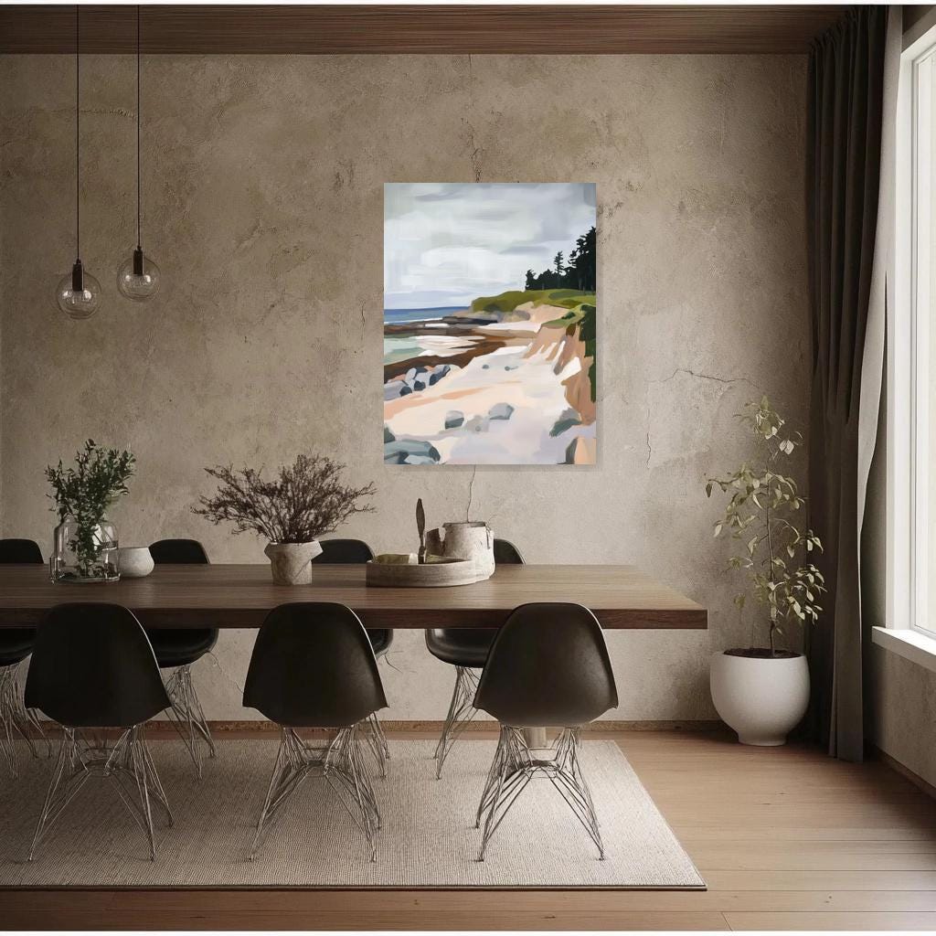 Coastal Serenity Canvas Print Inspired by Edward Hopper with Soft Pastels and Dynamic Brushstrokes for Home Decor