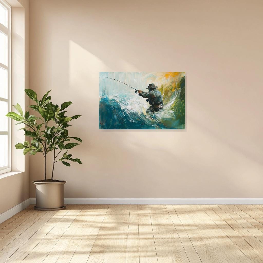 Dynamic Fisherman Wall Art Canvas Print - Coastal Impressionism Inspired by Monet - Framed Ocean Waves Home Decor