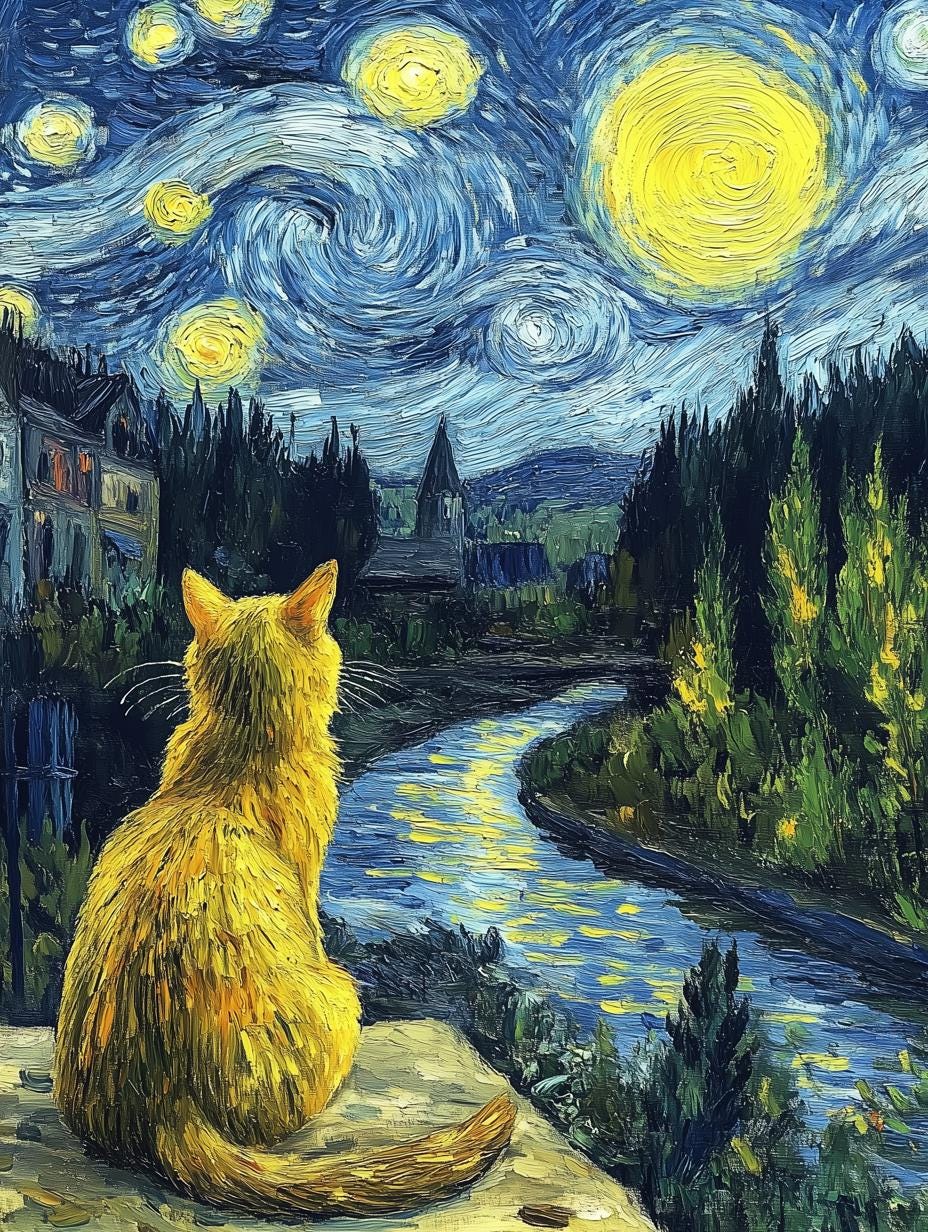 Custom Cat Art Canvas Print in Starry Night Style Vibrant Wall Art Home Decor Digital Download