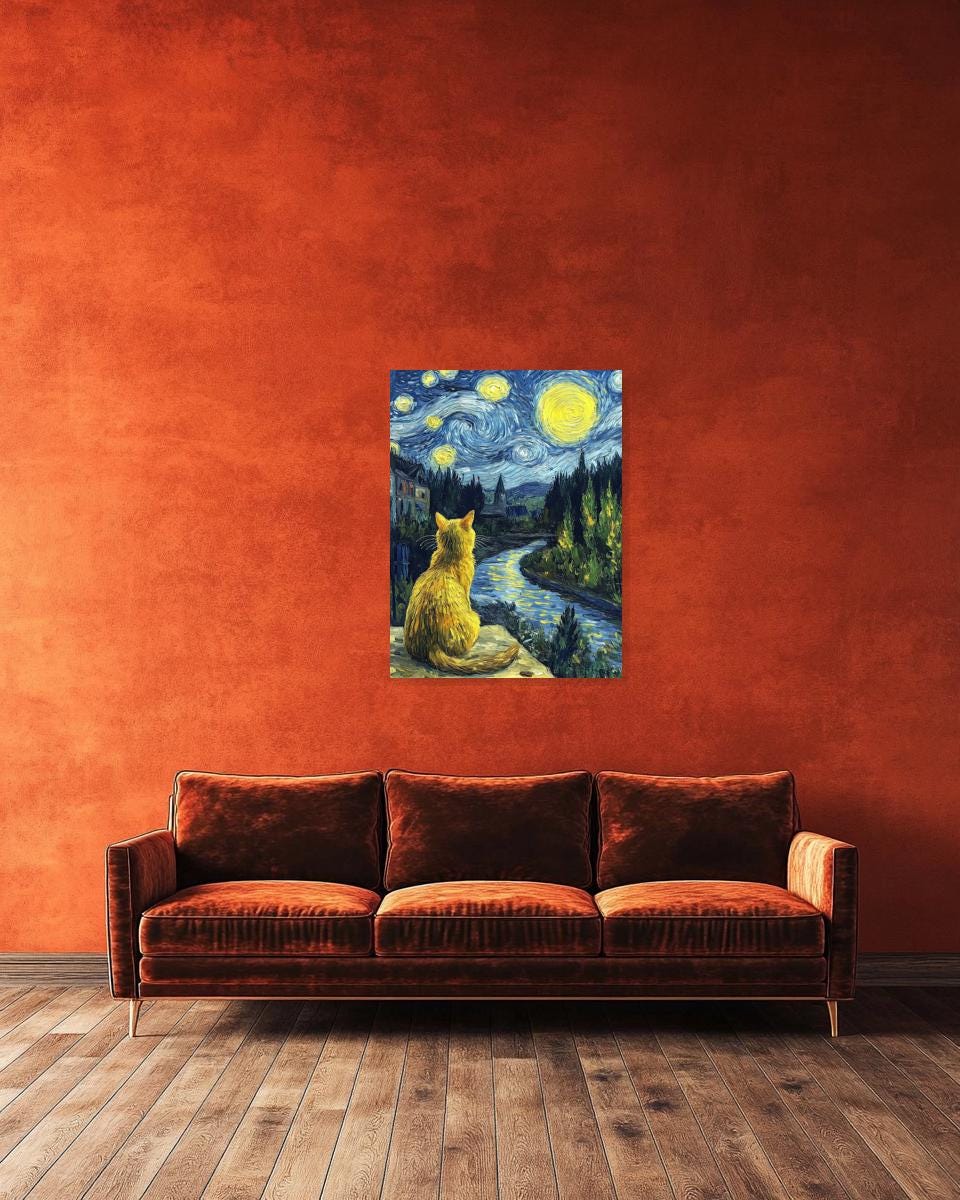 Custom Cat Art Canvas Print in Starry Night Style Vibrant Wall Art Home Decor Digital Download