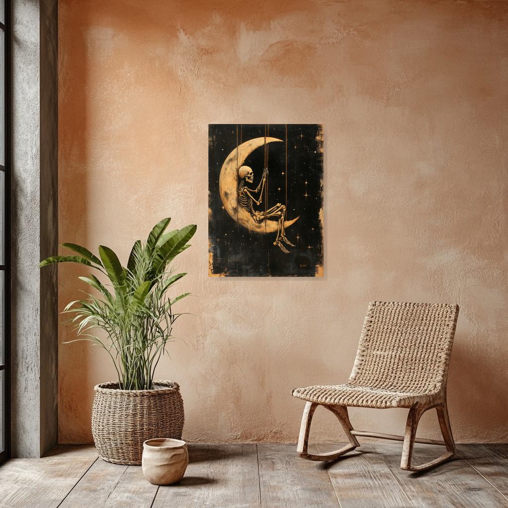 Skeleton on Moon Canvas Art Black Gold Wall Decor Inspired by Style of Van Gogh Unique Home Decor Digital Print