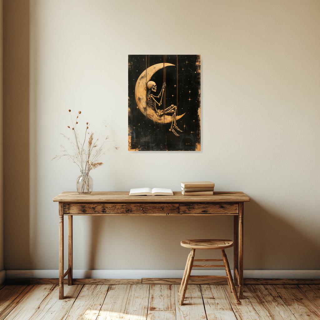 Skeleton on Moon Canvas Art Black Gold Wall Decor Inspired by Style of Van Gogh Unique Home Decor Digital Print