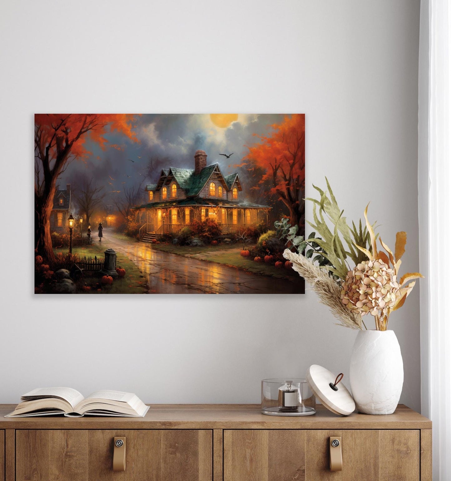 Charming Halloween Canvas Print Featuring Thomas Kinkade Inspired Pumpkins and Spooky House | Fall Home Decor | Custom Artwork