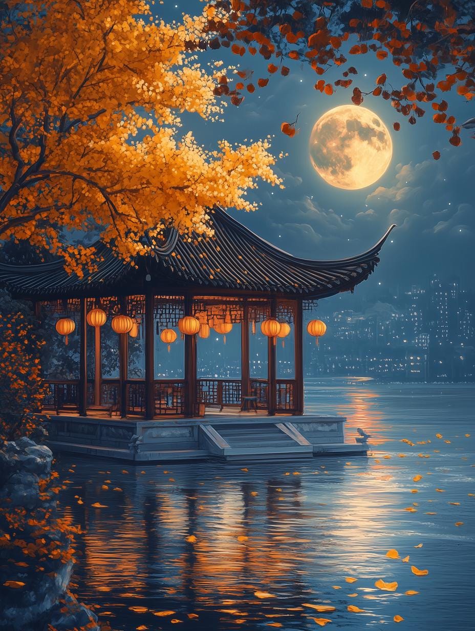 Custom Chinese Pavilion Canvas Print with Moonlight Reflections and Autumn Colors for Home Decor Wall Art