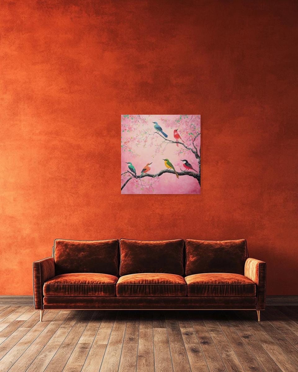 Colorful Bird Wall Art Canvas Print Inspired by Impressionist Style with Pink Blossoms Home Decor Digital Download