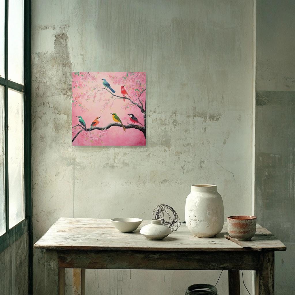 Colorful Bird Wall Art Canvas Print Inspired by Impressionist Style with Pink Blossoms Home Decor Digital Download