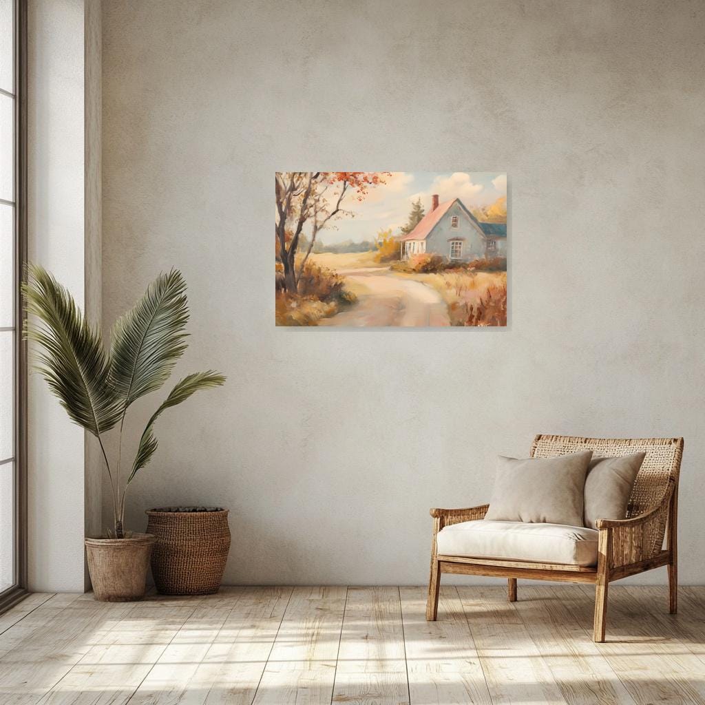 Custom Canvas Print of Rustic Homestead Landscape in Impressionist Style with Autumn Colors for Home Decor