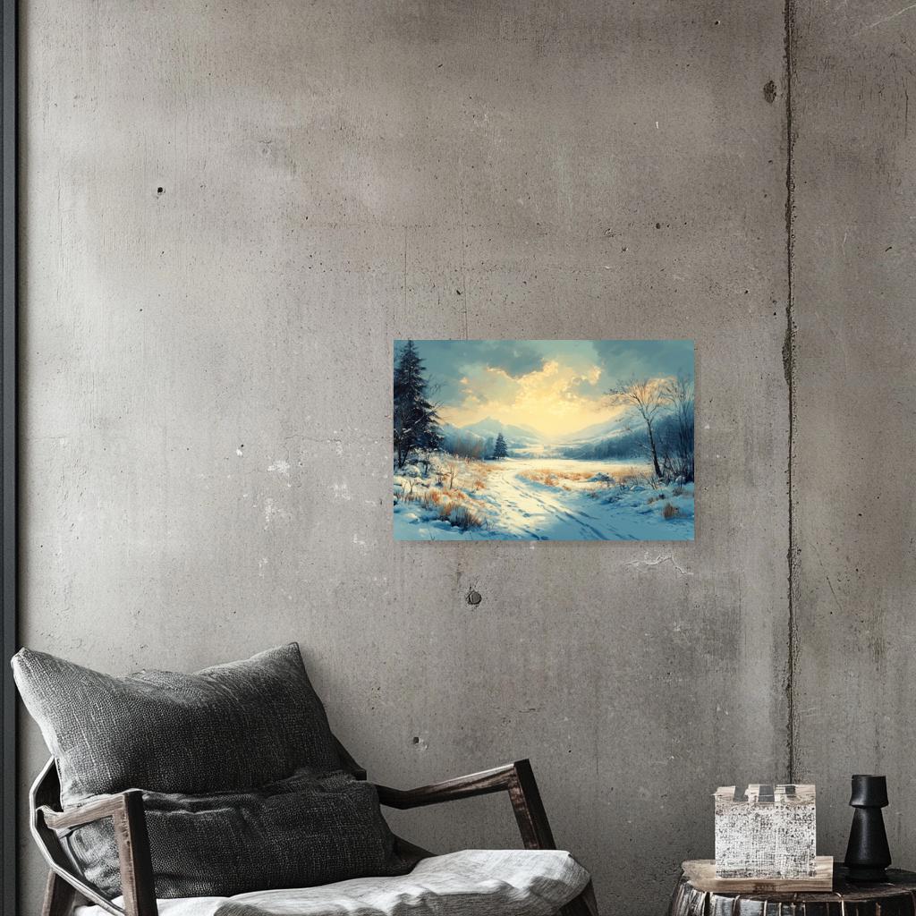 Winter Landscape Canvas Print Inspired by Bob Ross with Serene Snowy Mountains and Soft Warm Lighting Wall Art