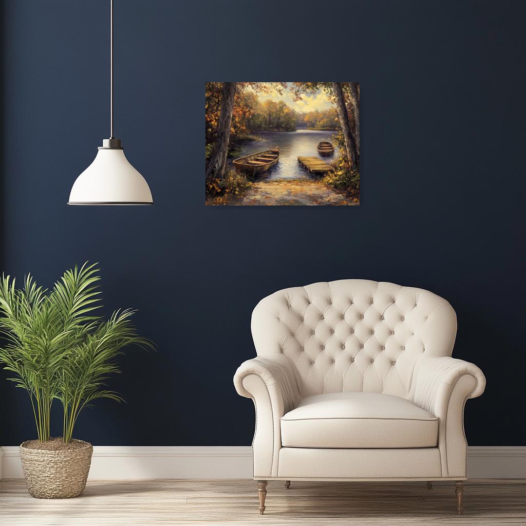 Autumn Serenity Canvas Print Inspired by Impressionism with Boats and Calm Waters for Home Decor and Wall Art