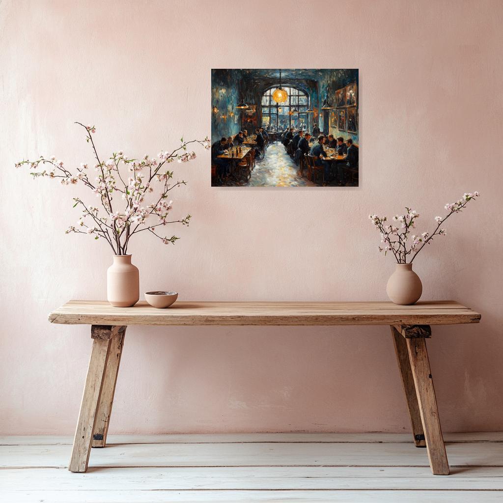 Custom Canvas Print Inspired by Edward Hopper with Warm Tones in a Cozy Cafe Scene - Original Wall Art for Home Decor